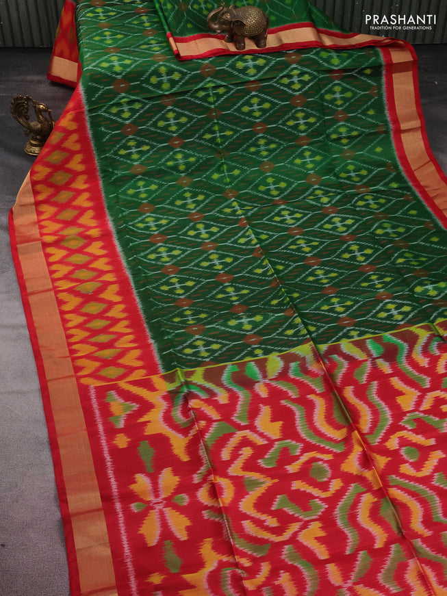 Ikat soft silk saree green and red with allover ikat weaves and long zari woven ikat style border