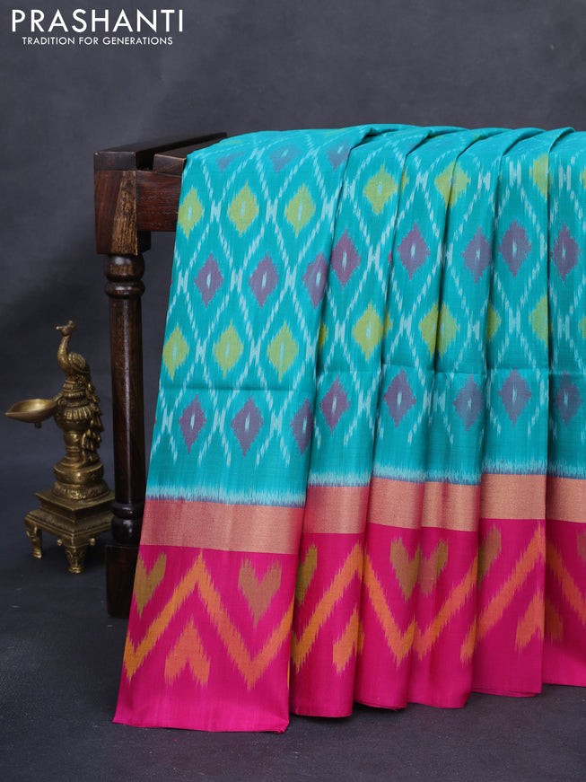 Ikat soft silk saree teal blue and pink with allover ikat weaves and long zari woven ikat style border