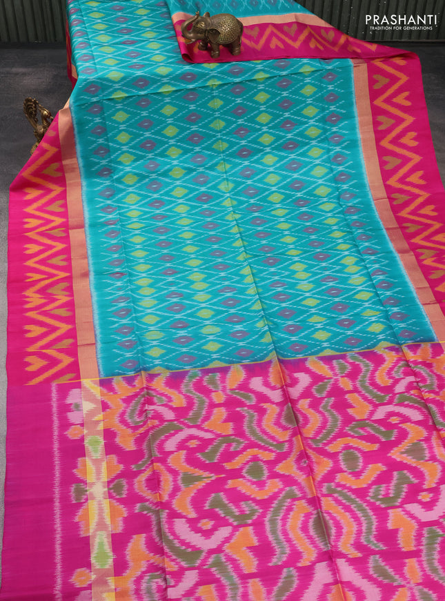 Ikat soft silk saree teal blue and pink with allover ikat weaves and long zari woven ikat style border