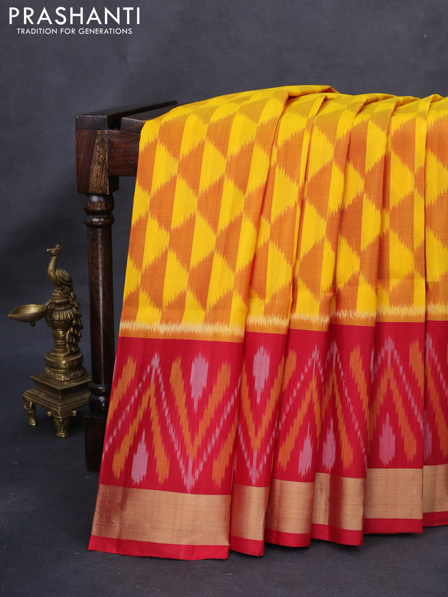 Ikat soft silk saree yellow and red with allover ikat weaves and long ikat woven zari border
