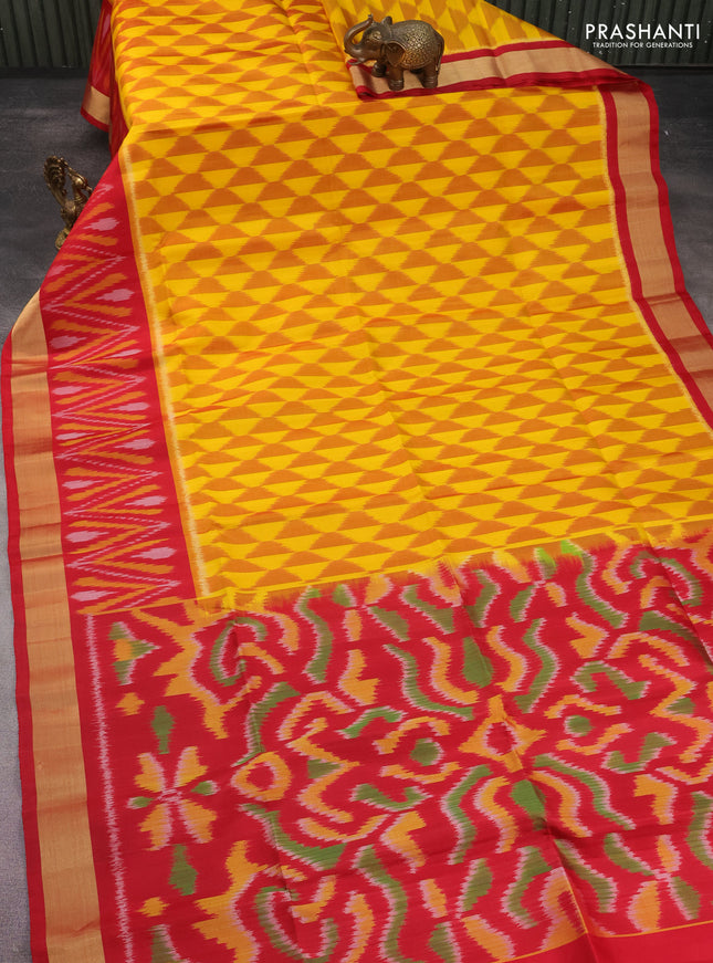Ikat soft silk saree yellow and red with allover ikat weaves and long ikat woven zari border