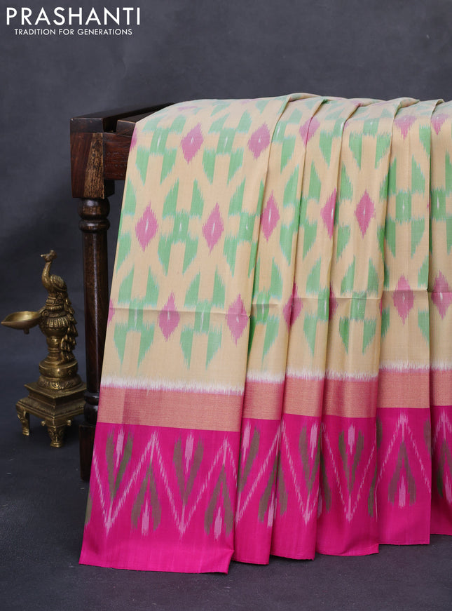 Ikat soft silk saree beige green and pink with allover ikat weaves and long zari woven ikat style border