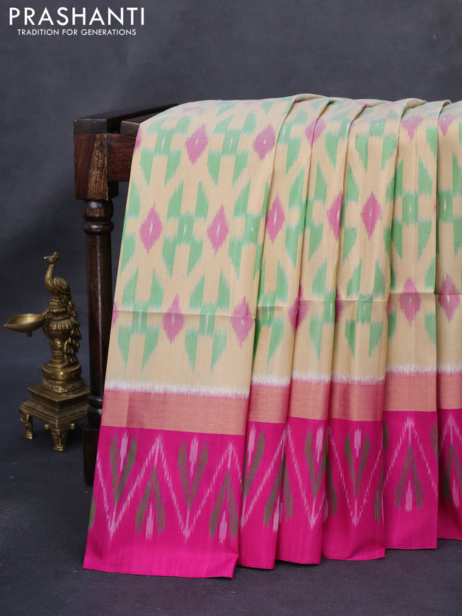 Ikat soft silk saree beige green and pink with allover ikat weaves and long zari woven ikat style border