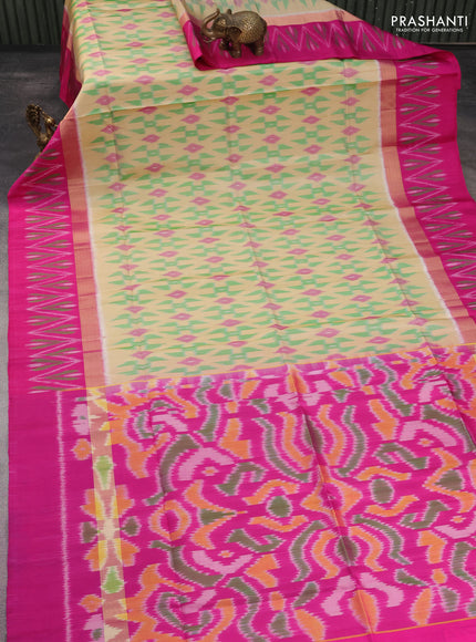 Ikat soft silk saree beige green and pink with allover ikat weaves and long zari woven ikat style border