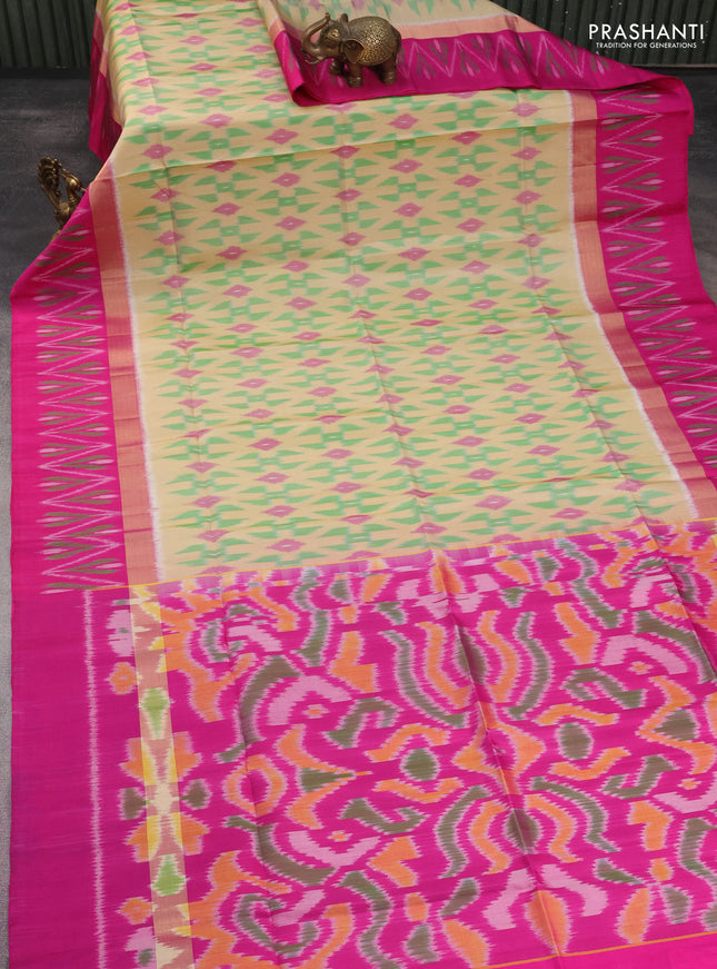 Ikat soft silk saree beige green and pink with allover ikat weaves and long zari woven ikat style border