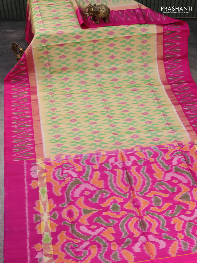 Ikat soft silk saree beige green and pink with allover ikat weaves and long zari woven ikat style border