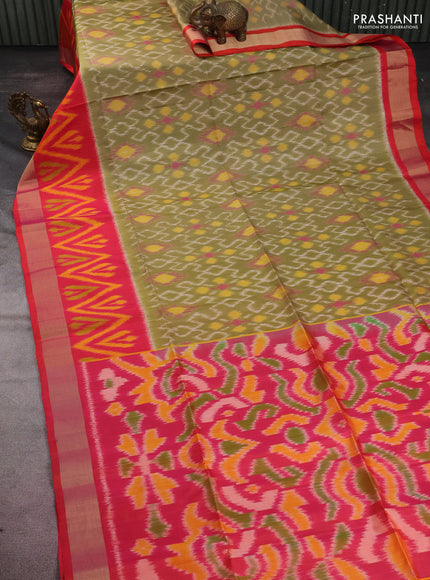 Ikat soft silk saree elaichi green and pink with allover ikat weaves and long zari woven ikat style border