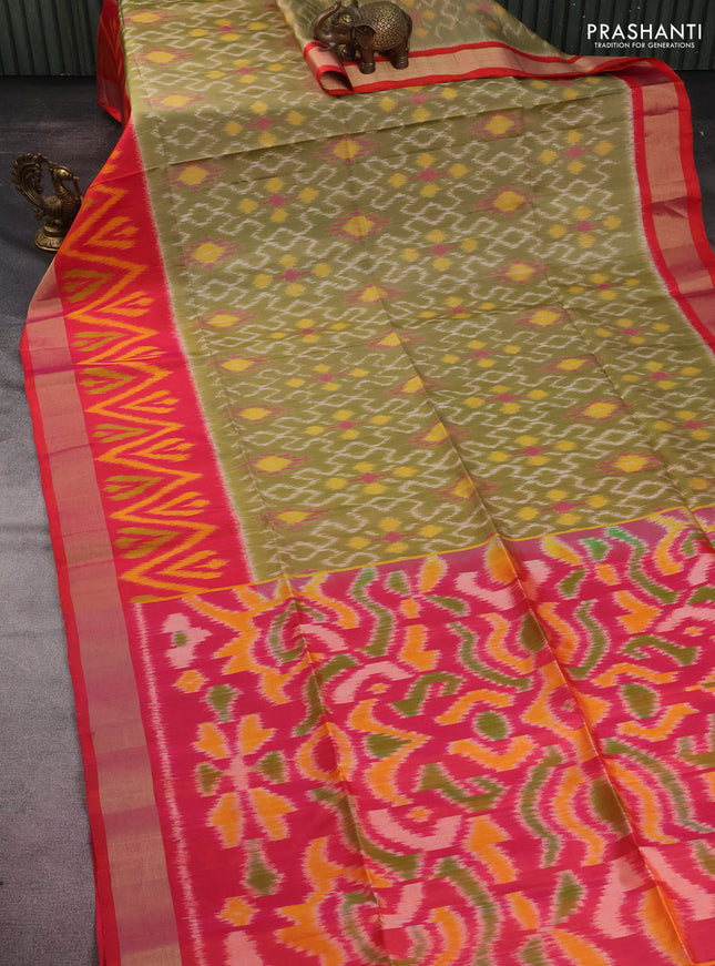 Ikat soft silk saree elaichi green and pink with allover ikat weaves and long zari woven ikat style border