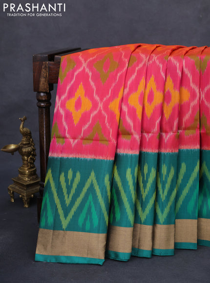 Ikat soft silk saree dual shade of pink and dark green with allover ikat weaves and long ikat woven zari border