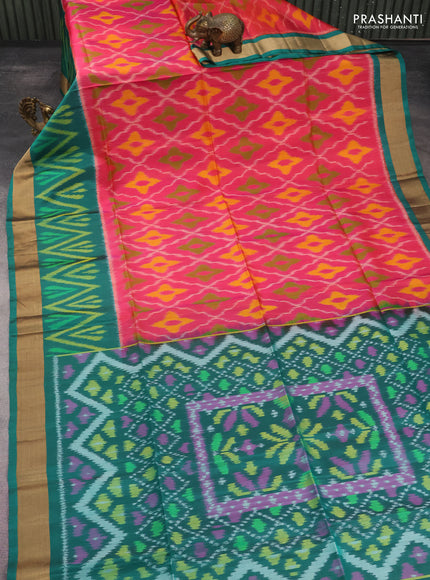 Ikat soft silk saree dual shade of pink and dark green with allover ikat weaves and long ikat woven zari border