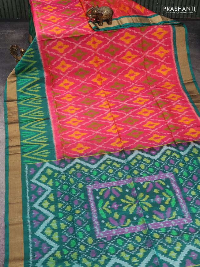 Ikat soft silk saree dual shade of pink and dark green with allover ikat weaves and long ikat woven zari border