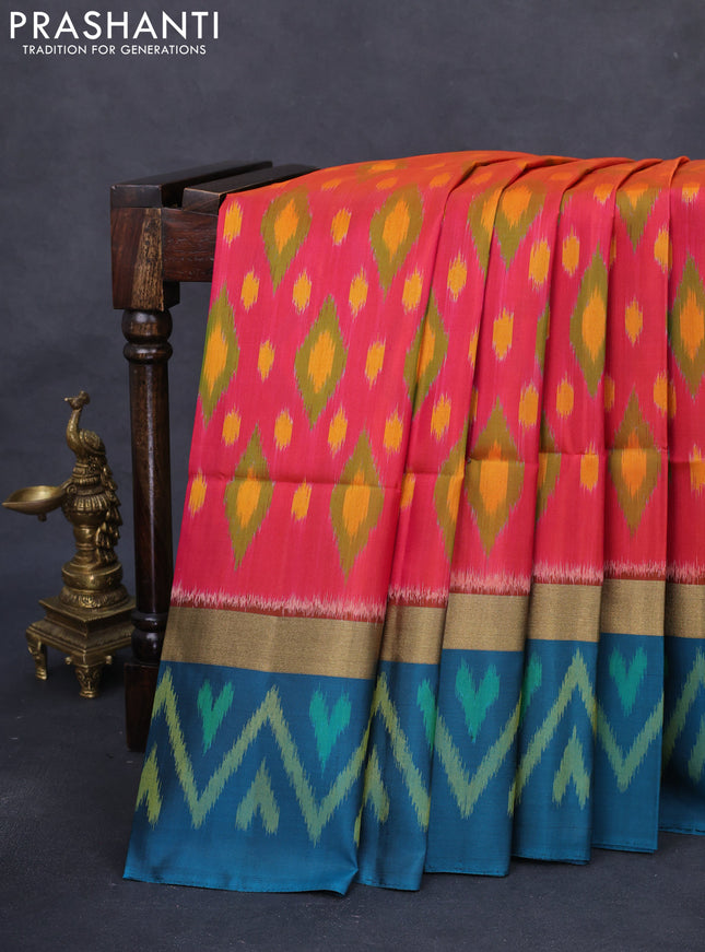 Ikat soft silk saree dual shade of pink and peacock green with allover ikat weaves and long zari woven ikat style border