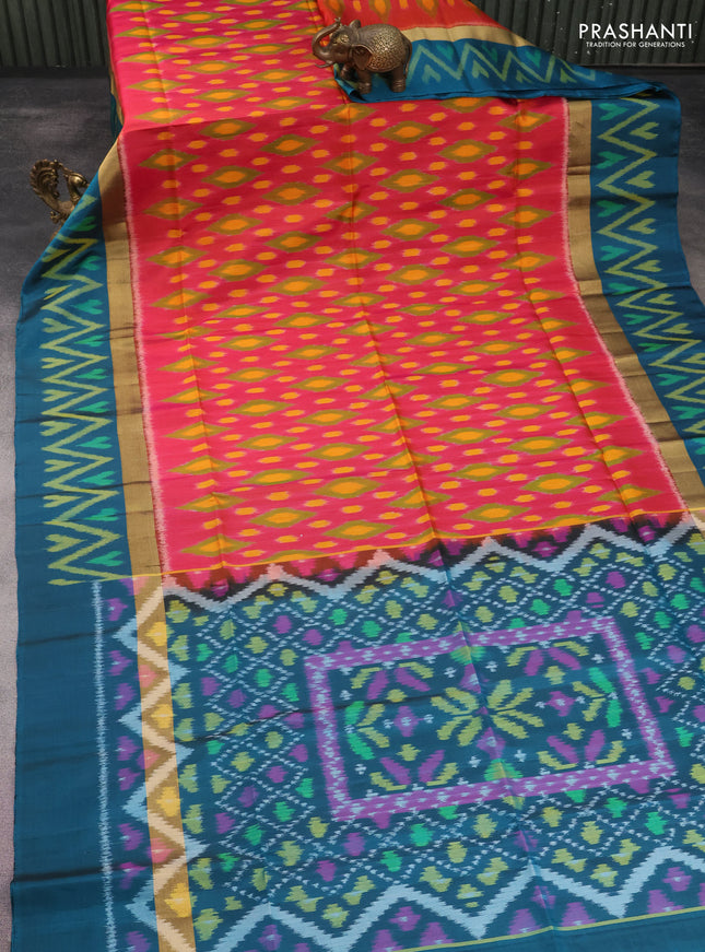 Ikat soft silk saree dual shade of pink and peacock green with allover ikat weaves and long zari woven ikat style border