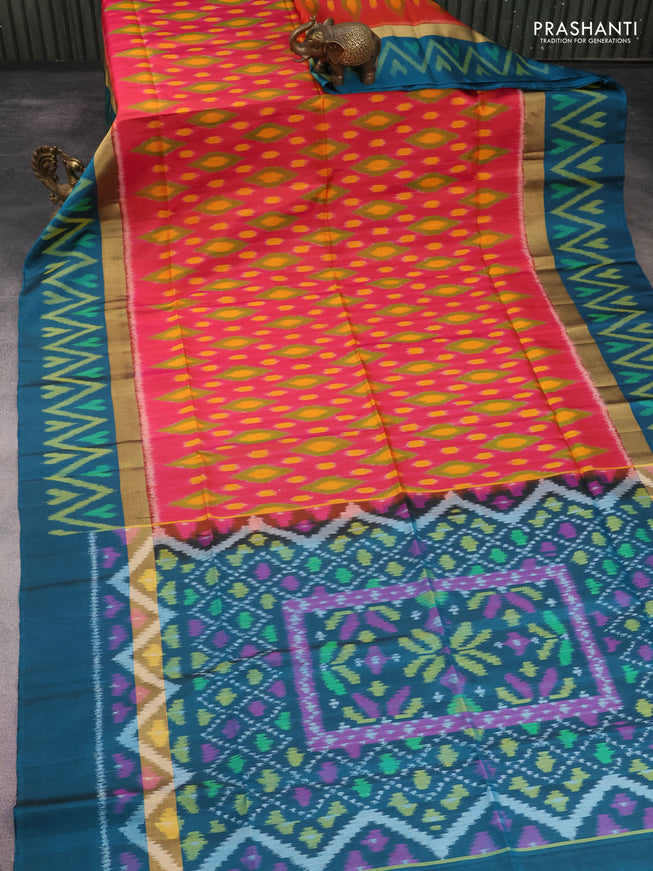 Ikat soft silk saree dual shade of pink and peacock green with allover ikat weaves and long zari woven ikat style border