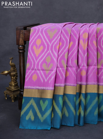 Ikat soft silk saree lavender and peacock green with allover ikat weaves and long zari woven ikat style border