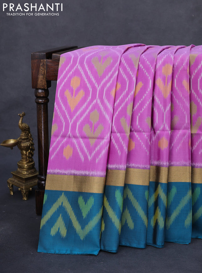 Ikat soft silk saree lavender and peacock green with allover ikat weaves and long zari woven ikat style border