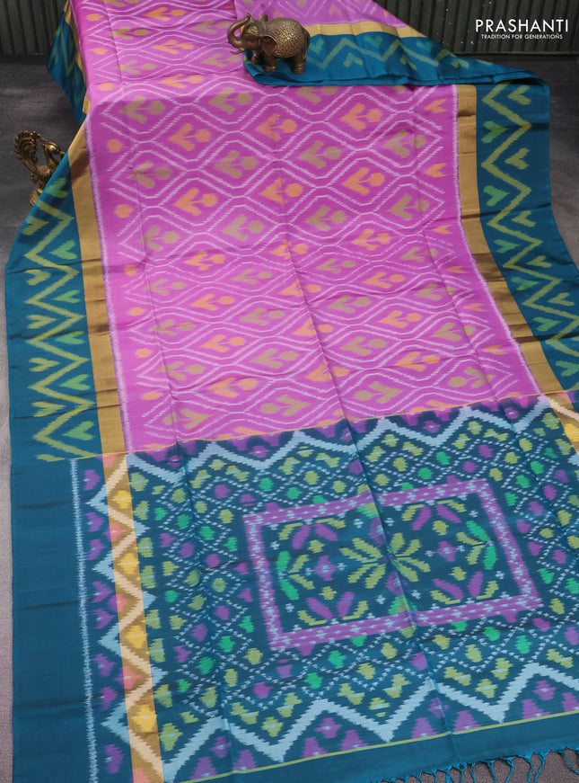 Ikat soft silk saree lavender and peacock green with allover ikat weaves and long zari woven ikat style border