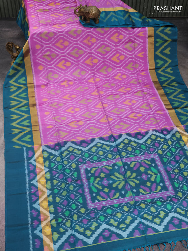 Ikat soft silk saree lavender and peacock green with allover ikat weaves and long zari woven ikat style border