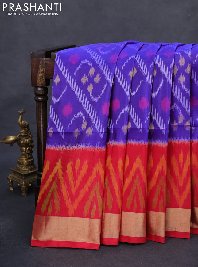 Ikat soft silk saree blue and red with allover ikat weaves and long ikat woven zari border