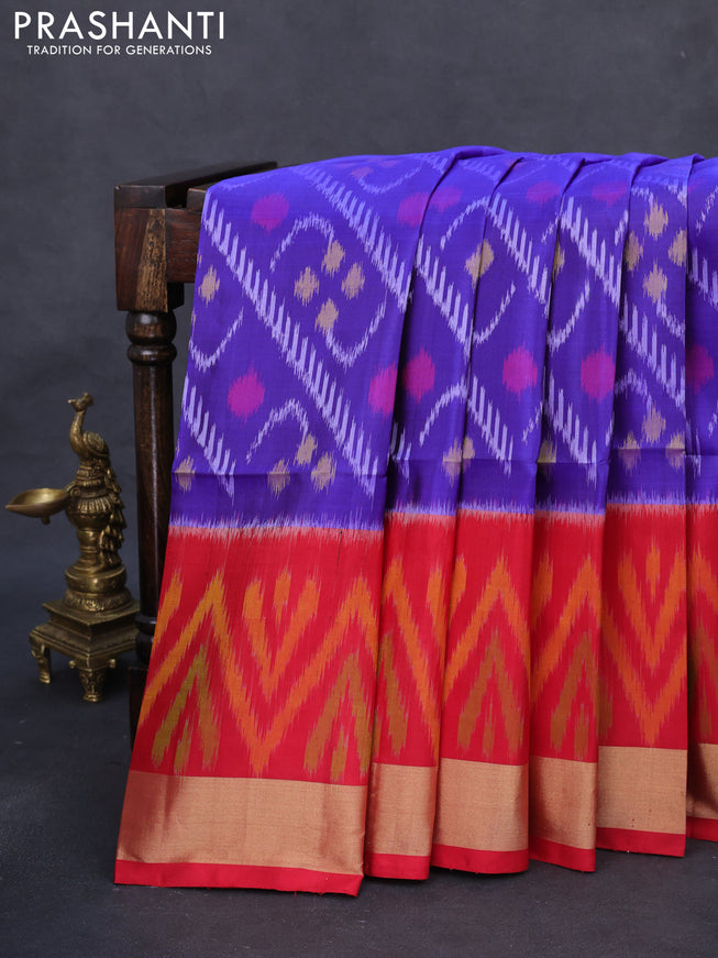 Ikat soft silk saree blue and red with allover ikat weaves and long ikat woven zari border