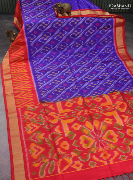 Ikat soft silk saree blue and red with allover ikat weaves and long ikat woven zari border