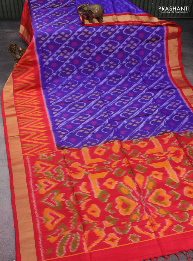 Ikat soft silk saree blue and red with allover ikat weaves and long ikat woven zari border