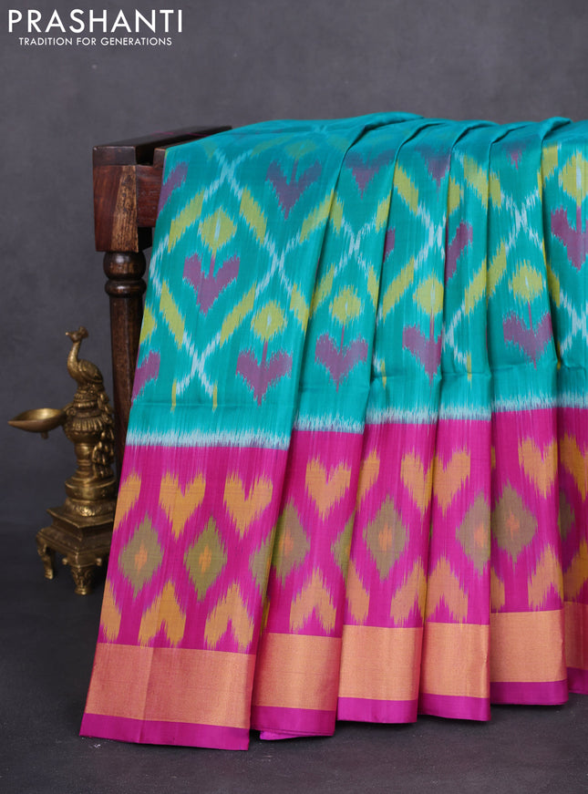 Ikat soft silk saree teal green and purple with allover ikat weaves and long zari woven ikat style border