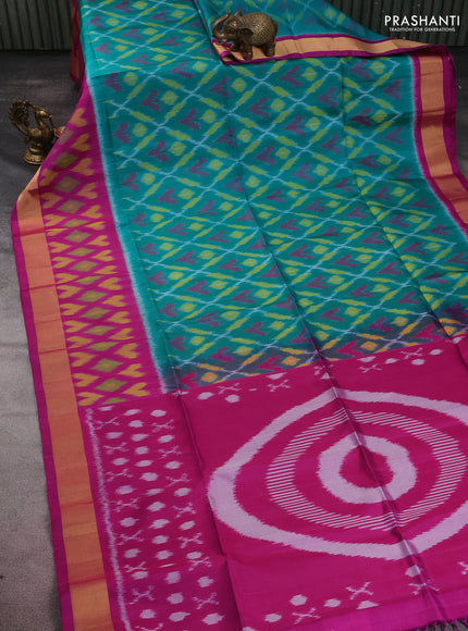 Ikat soft silk saree teal green and purple with allover ikat weaves and long zari woven ikat style border