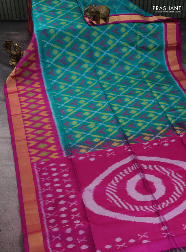 Ikat soft silk saree teal green and purple with allover ikat weaves and long zari woven ikat style border