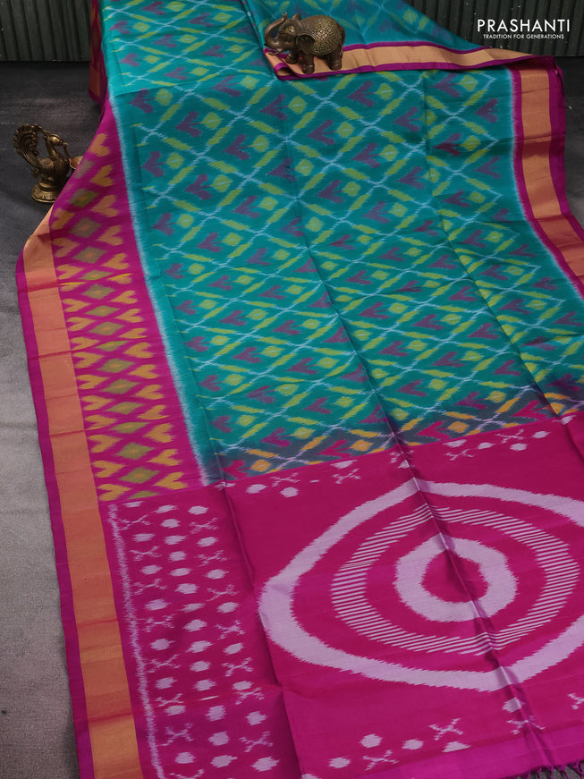 Ikat soft silk saree teal green and purple with allover ikat weaves and long zari woven ikat style border