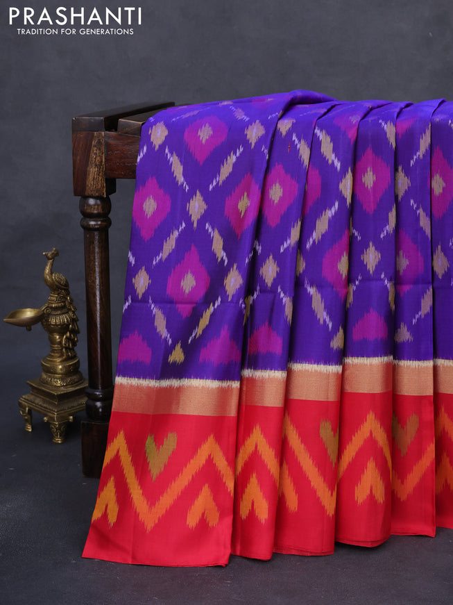 Ikat soft silk saree violet and red with allover ikat weaves and long zari woven ikat style border
