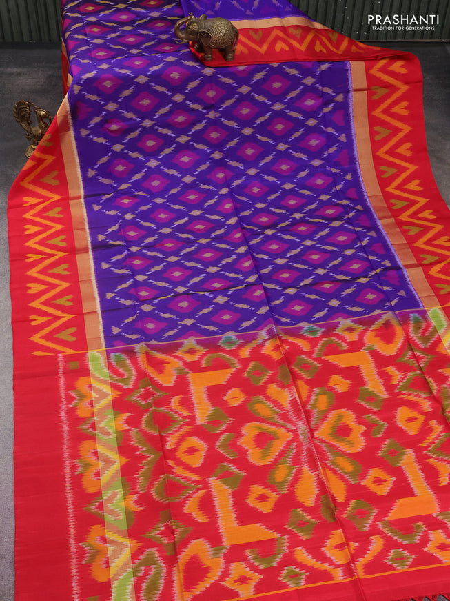 Ikat soft silk saree violet and red with allover ikat weaves and long zari woven ikat style border