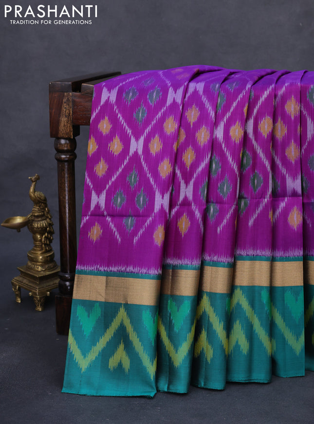 Ikat soft silk saree purple and teal green with allover ikat weaves and long zari woven ikat style border