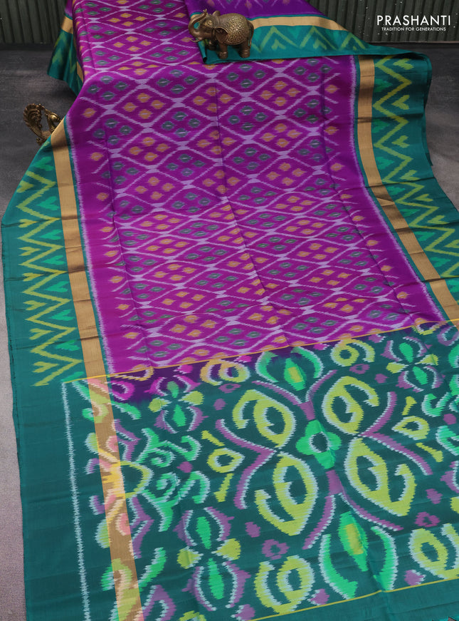 Ikat soft silk saree purple and teal green with allover ikat weaves and long zari woven ikat style border