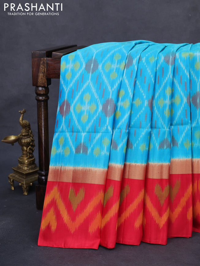 Ikat soft silk saree teal blue and red with allover ikat weaves and long zari woven ikat style border