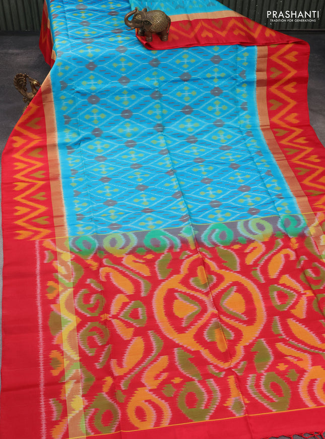 Ikat soft silk saree teal blue and red with allover ikat weaves and long zari woven ikat style border