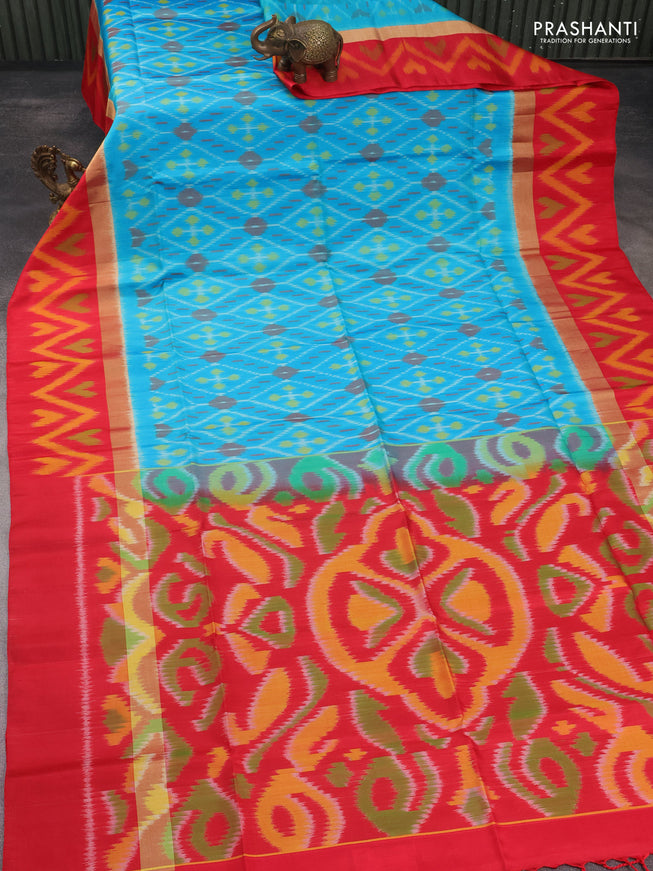 Ikat soft silk saree teal blue and red with allover ikat weaves and long zari woven ikat style border