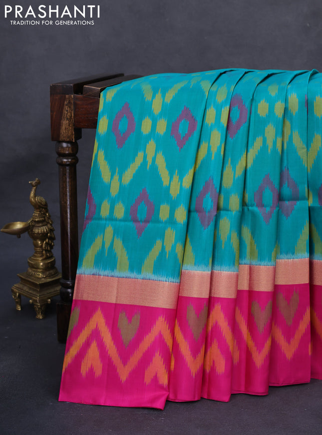 Ikat soft silk saree teal green and pink with allover ikat weaves and long zari woven ikat style border