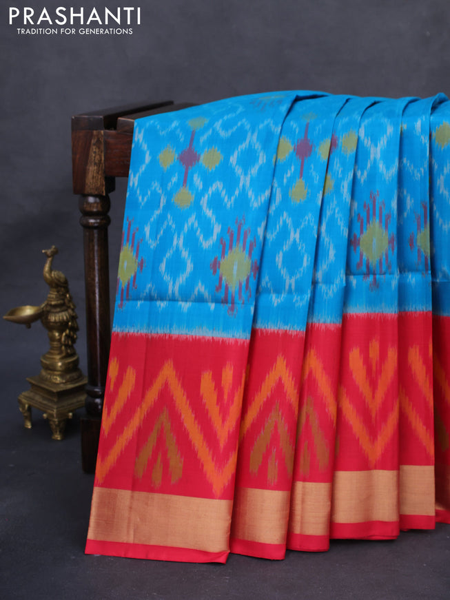 Ikat soft silk saree cs blue and red with allover ikat weaves and long ikat woven zari border