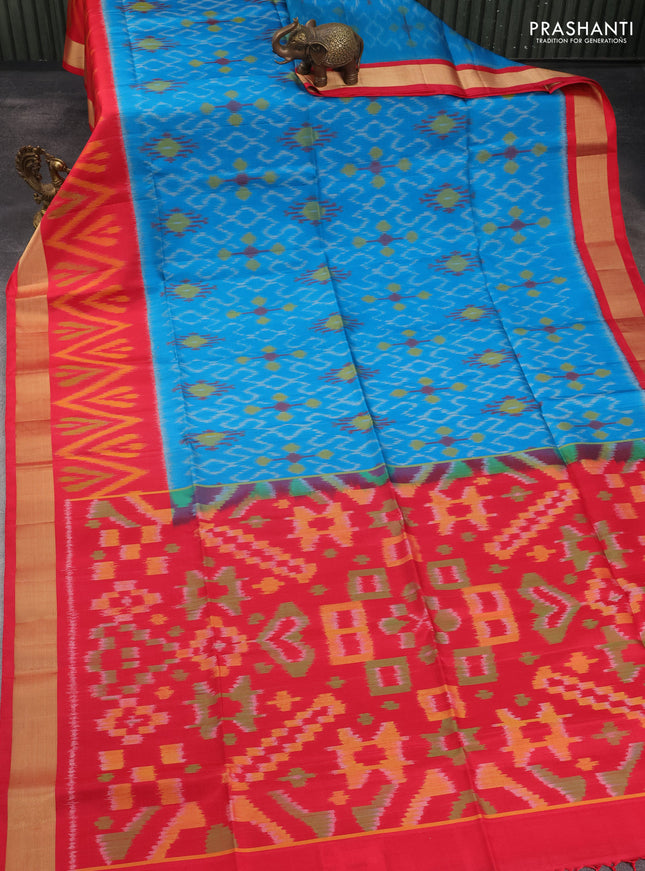 Ikat soft silk saree cs blue and red with allover ikat weaves and long ikat woven zari border