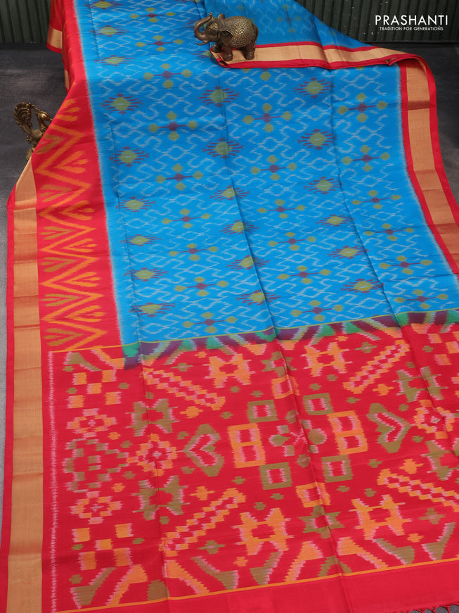 Ikat soft silk saree cs blue and red with allover ikat weaves and long ikat woven zari border