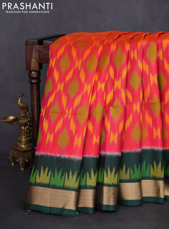 Ikat soft silk saree pink and green with allover ikat weaves and long ikat woven zari border