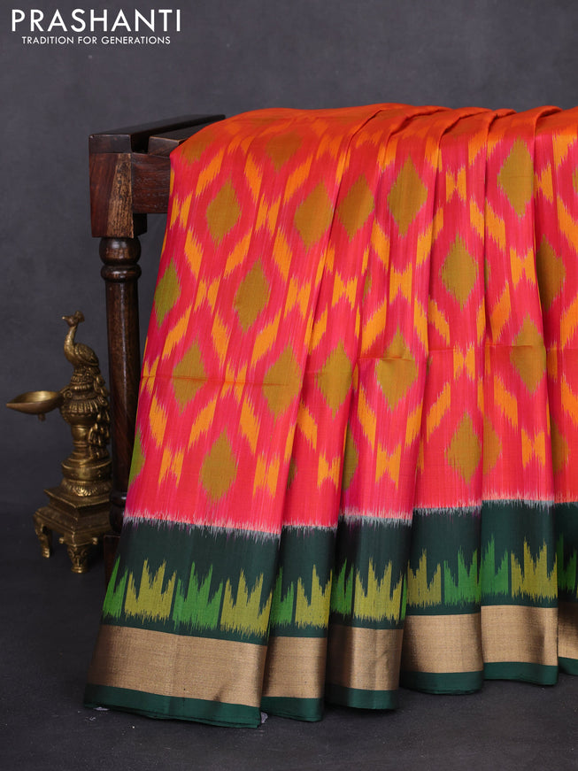 Ikat soft silk saree pink and green with allover ikat weaves and long ikat woven zari border