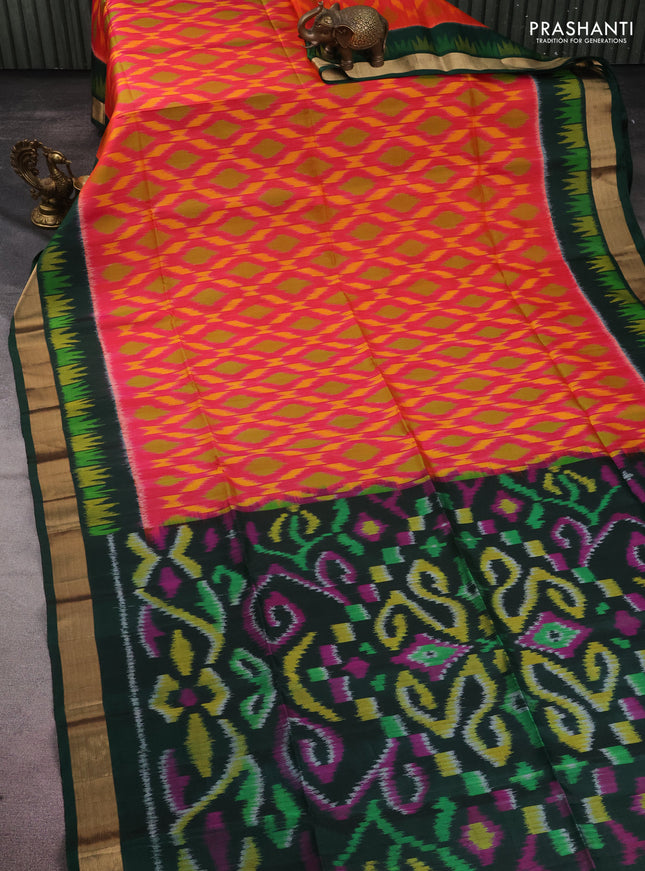 Ikat soft silk saree pink and green with allover ikat weaves and long ikat woven zari border
