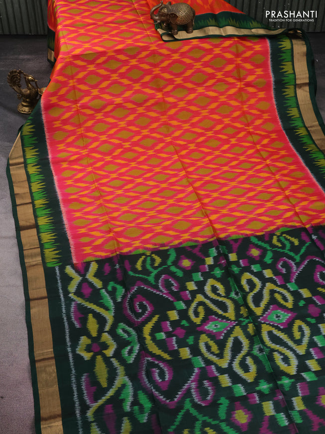 Ikat soft silk saree pink and green with allover ikat weaves and long ikat woven zari border