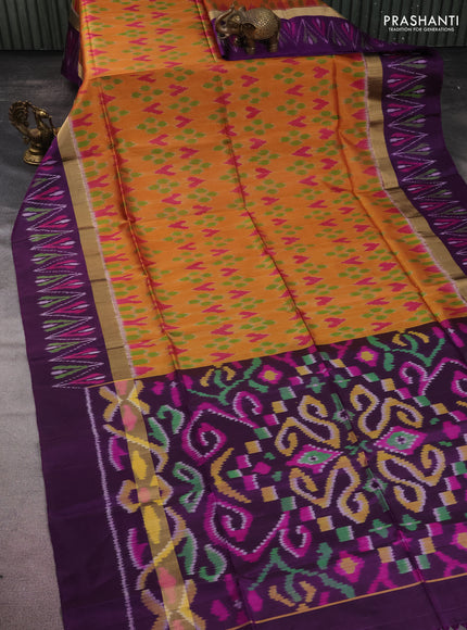 Ikat soft silk saree mustard yellow and deep purple with allover ikat weaves and long zari woven ikat style border
