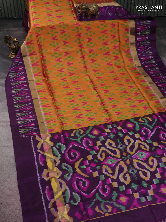 Ikat soft silk saree mustard yellow and deep purple with allover ikat weaves and long zari woven ikat style border