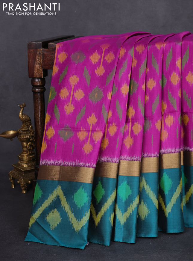 Ikat soft silk saree purple and peacock green with allover ikat weaves and long zari woven ikat style border