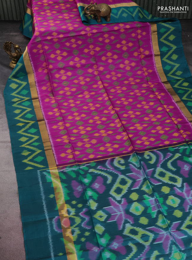 Ikat soft silk saree purple and peacock green with allover ikat weaves and long zari woven ikat style border