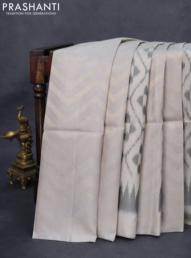 Ikat soft silk saree beige and dark peach pink with allover zari & ikat weaves in borderless style